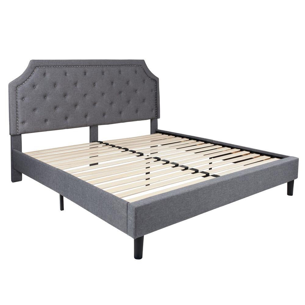 King Size Tufted Upholstered Platform Bed in Light Gray Fabric. Picture 8