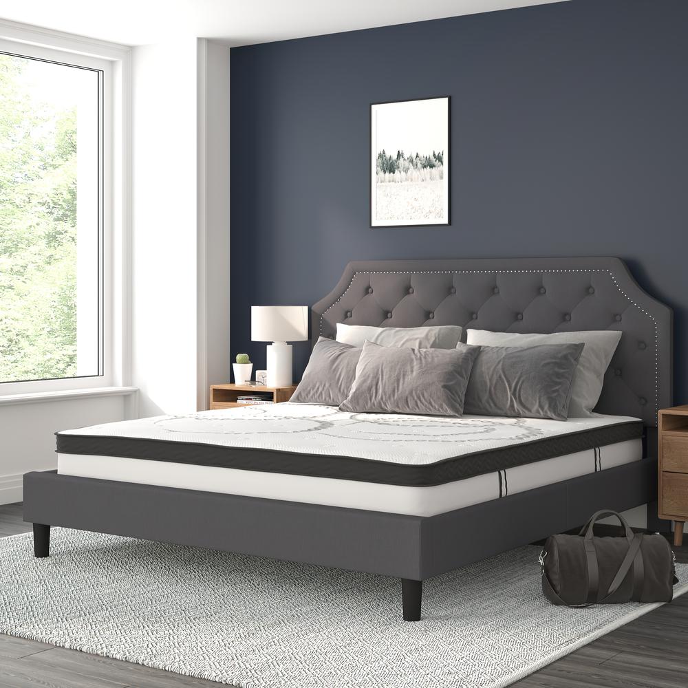 King Size Tufted Upholstered Platform Bed in Dark Gray Fabric. Picture 2