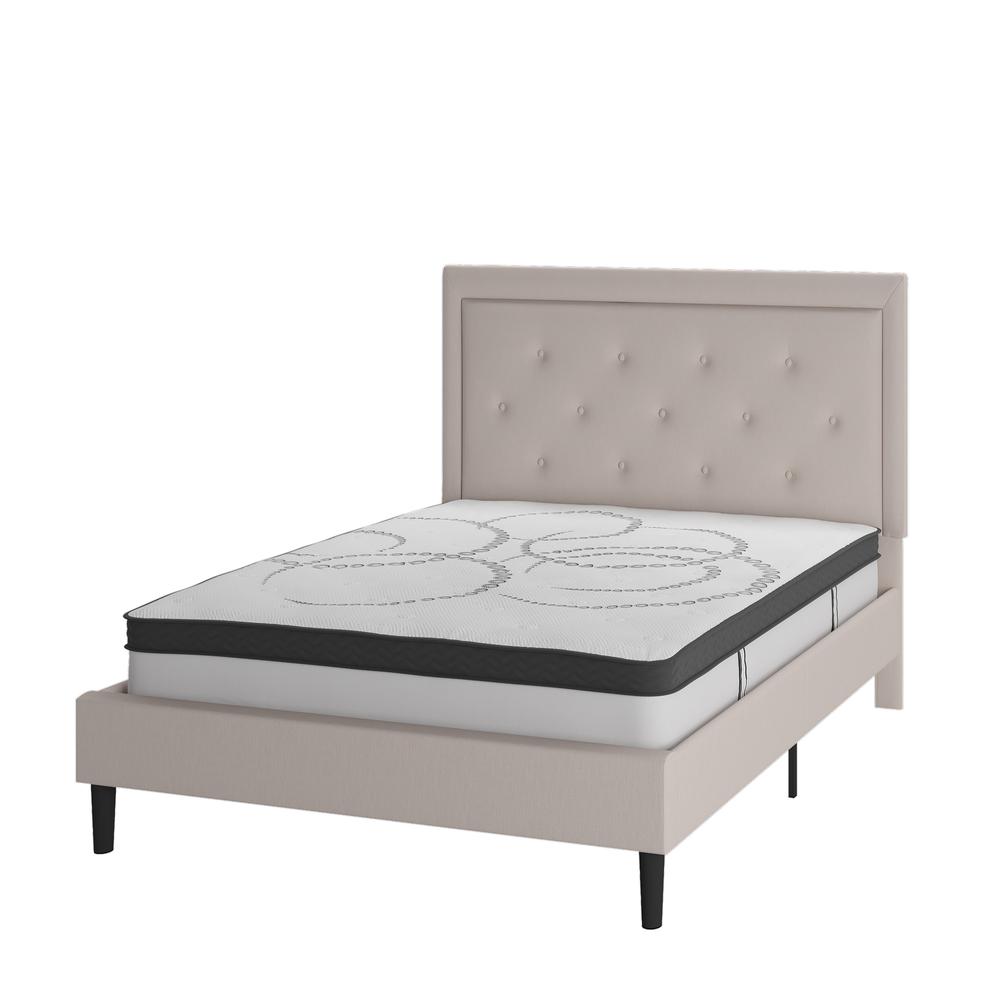 Full Size Tufted Upholstered Platform Bed in Beige Fabric. Picture 1