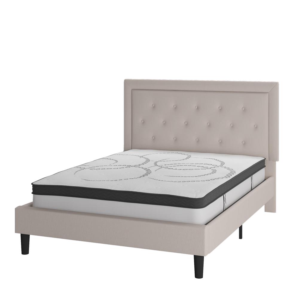 Queen Size Tufted Upholstered Platform Bed in Beige Fabric. Picture 1