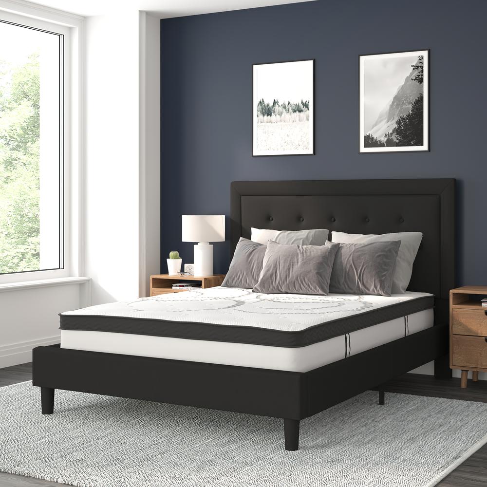 Queen Size Tufted Upholstered Platform Bed in Black Fabric. Picture 2