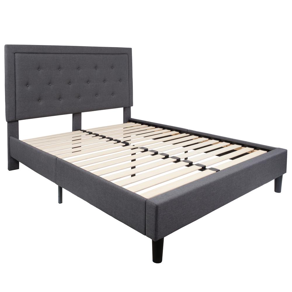 Queen Size Tufted Upholstered Platform Bed in Dark Gray Fabric. Picture 8