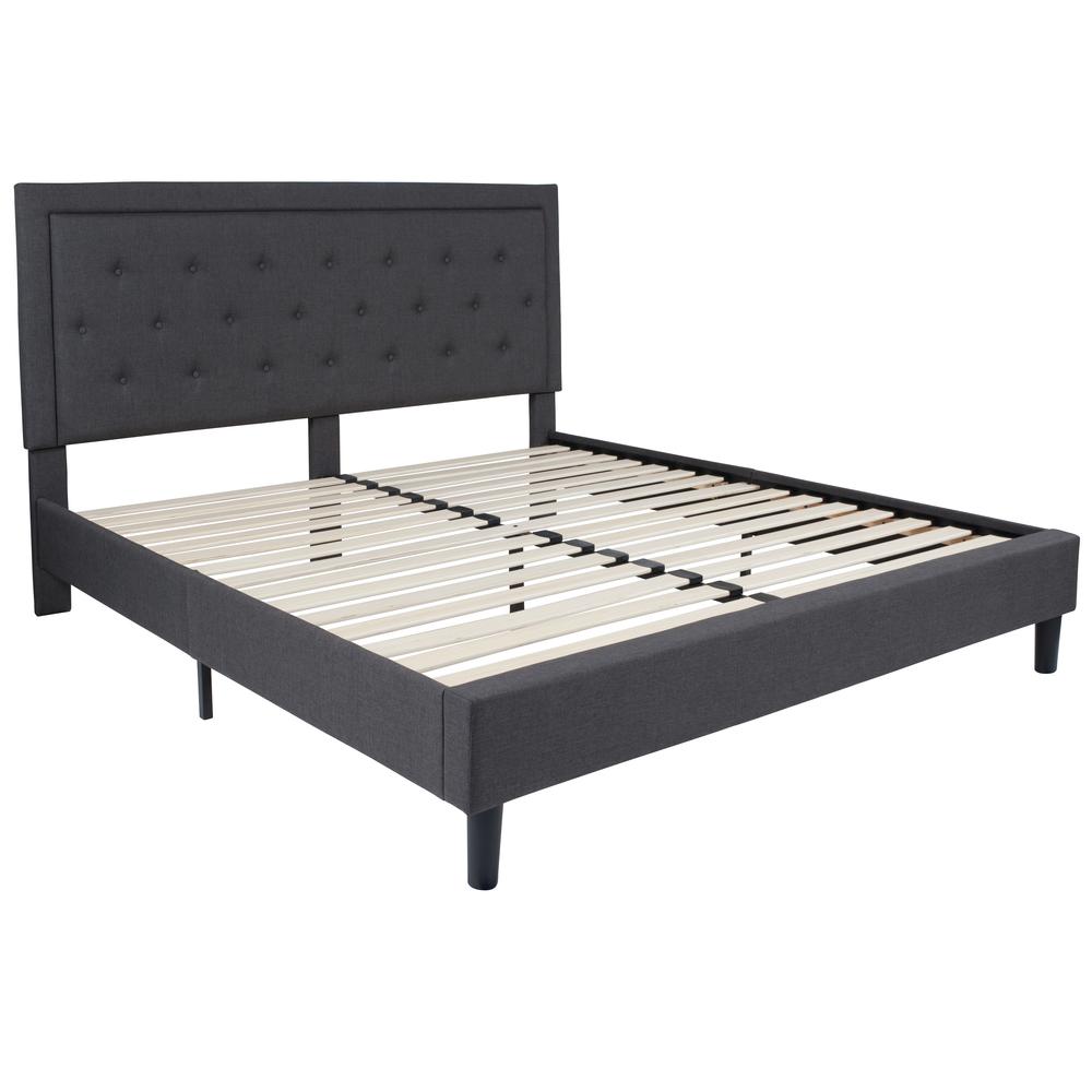 King Size Tufted Upholstered Platform Bed in Dark Gray Fabric. Picture 8