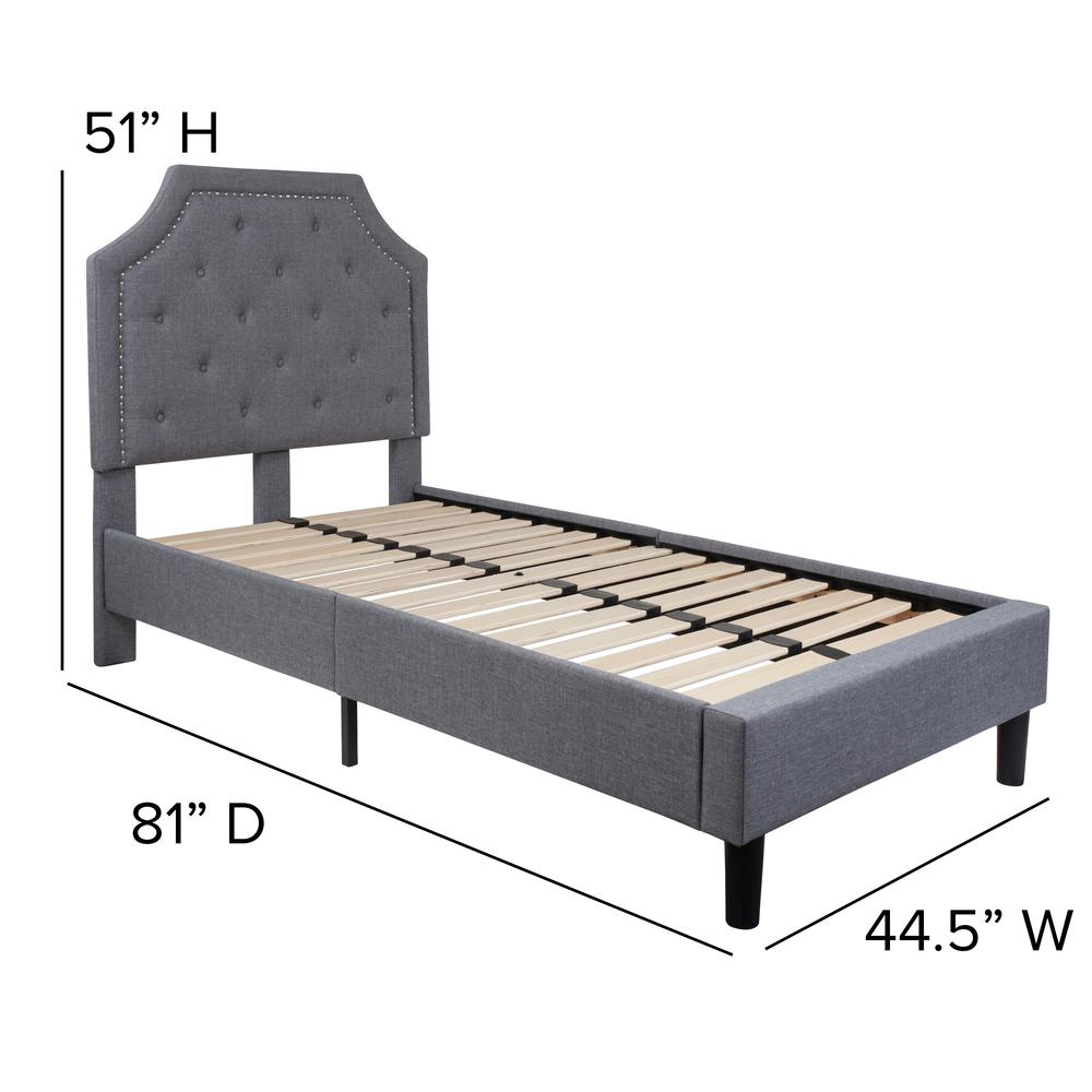 Brighton Twin Size Tufted Upholstered Platform Bed in Light Gray Fabric with 10 Inch CertiPUR-US Certified Pocket Spring Mattress. Picture 6