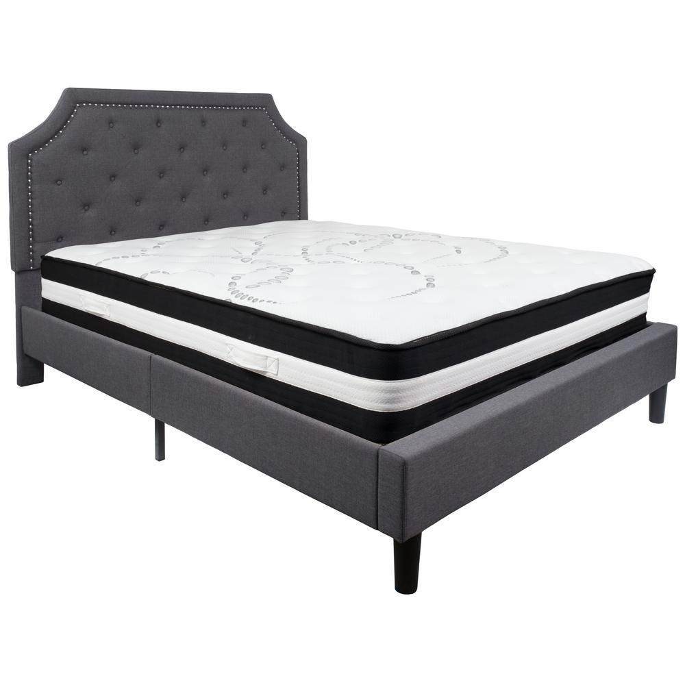Queen Size Arched Tufted Upholstered Platform Bed in Dark Gray Fabric with Pocket Spring Mattress. Picture 1