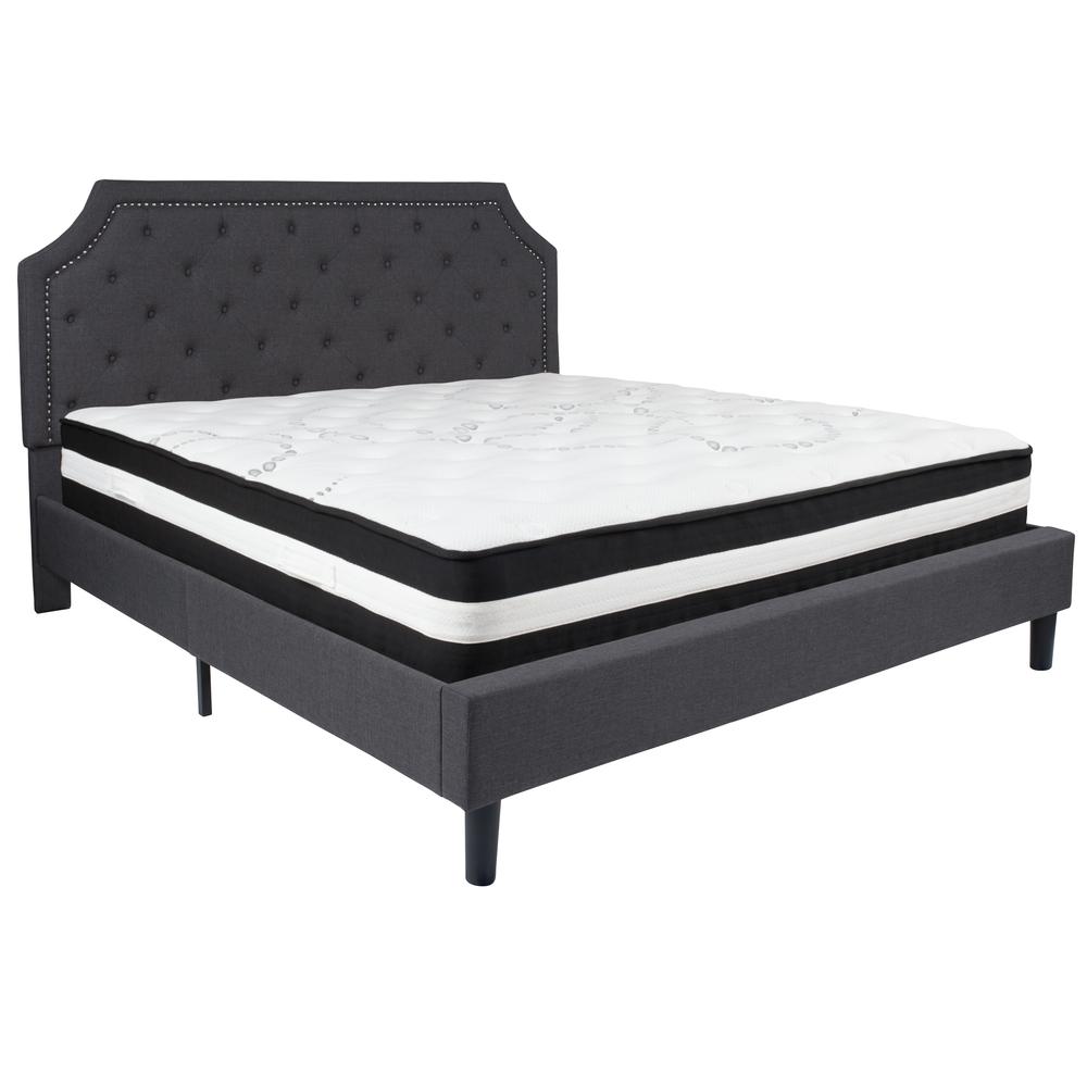 King Size Arched Tufted Upholstered Platform Bed in Dark Gray Fabric with Pocket Spring Mattress. Picture 1