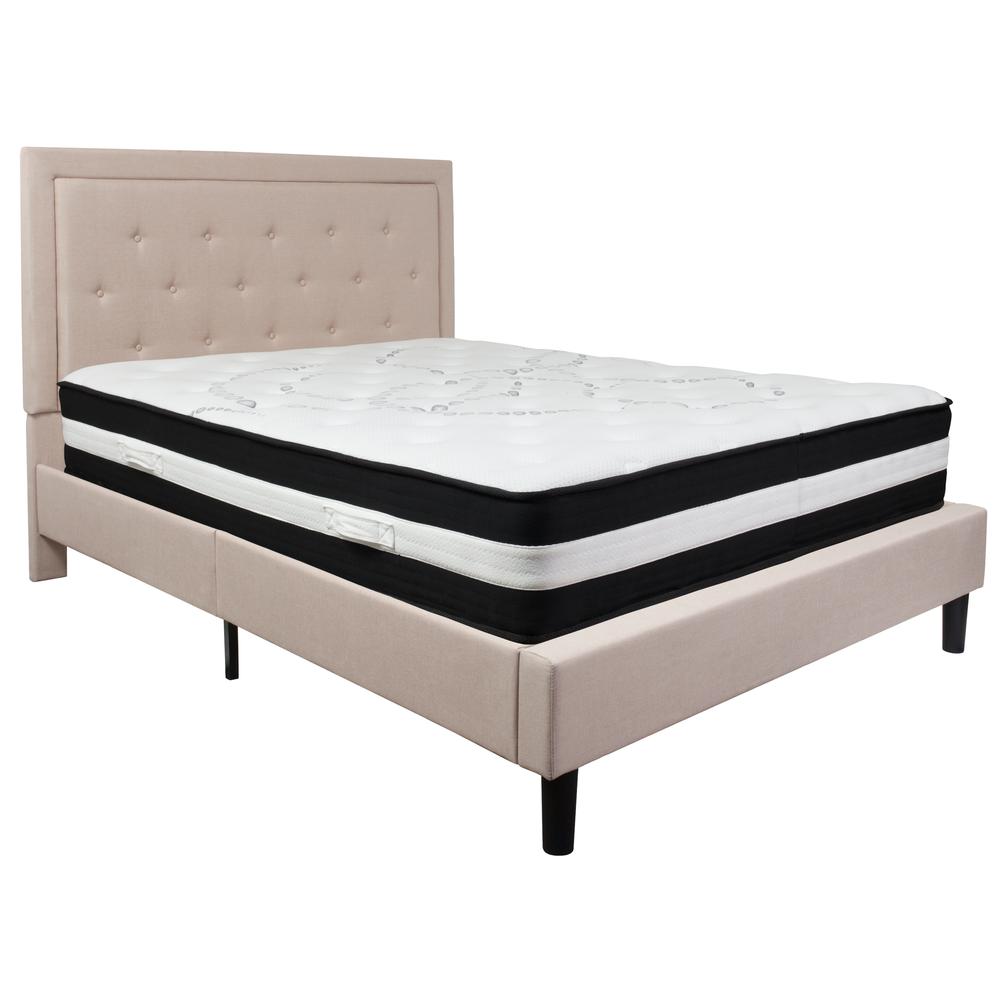 Queen Size Panel Tufted Upholstered Platform Bed in Beige Fabric with Pocket Spring Mattress. Picture 1