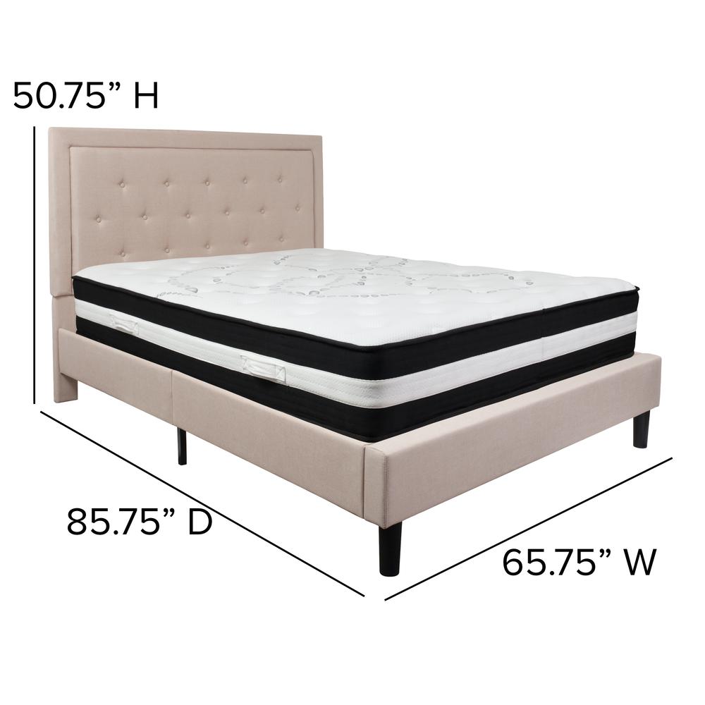 Queen Size Panel Tufted Upholstered Platform Bed in Beige Fabric with Pocket Spring Mattress. Picture 2