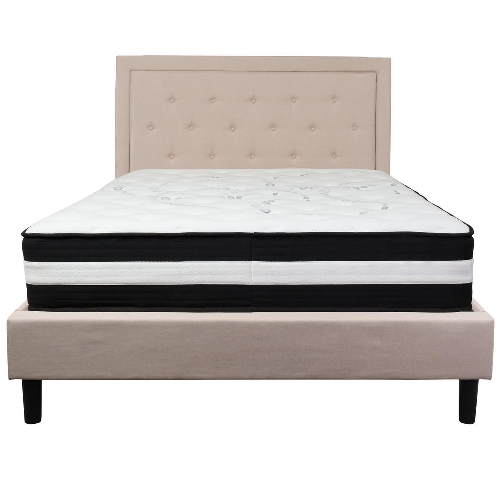 Queen Size Panel Tufted Upholstered Platform Bed in Beige Fabric with Pocket Spring Mattress. Picture 3