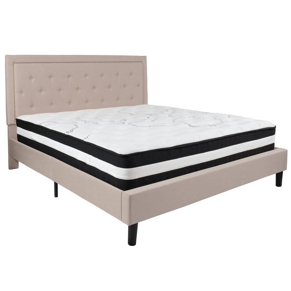King Size Panel Tufted Upholstered Platform Bed in Beige Fabric with Pocket Spring Mattress. Picture 1