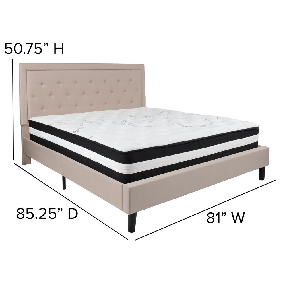 King Size Panel Tufted Upholstered Platform Bed in Beige Fabric with Pocket Spring Mattress. Picture 2