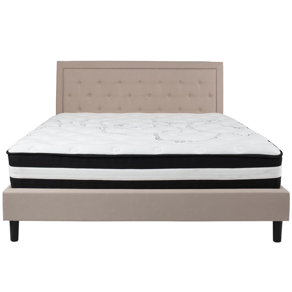 King Size Panel Tufted Upholstered Platform Bed in Beige Fabric with Pocket Spring Mattress. Picture 3