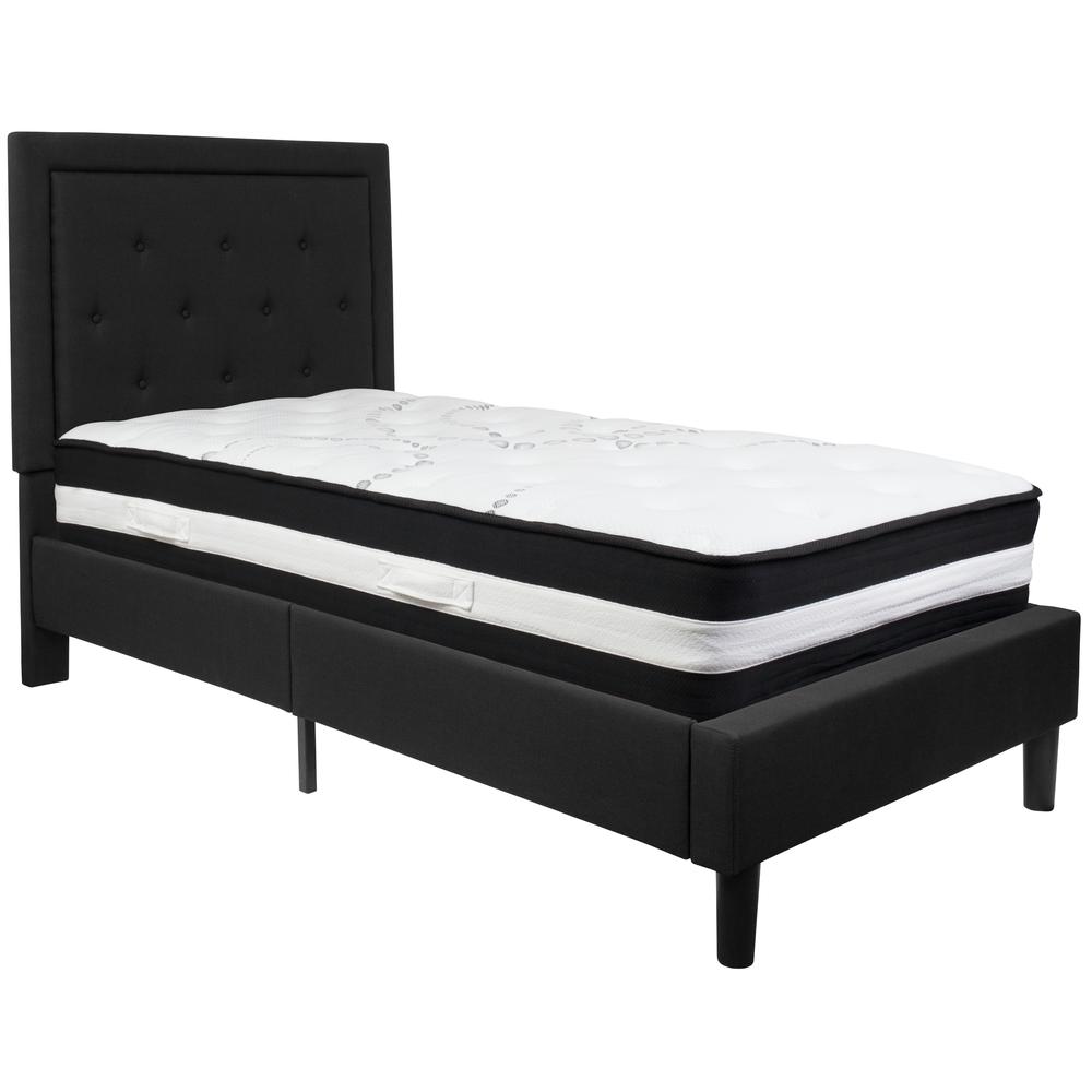 Twin Size Panel Tufted Upholstered Platform Bed in Black Fabric with Pocket Spring Mattress. Picture 1