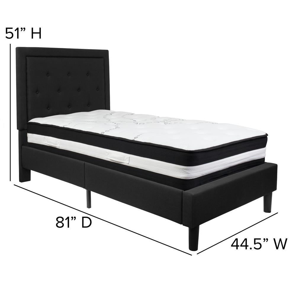 Twin Size Panel Tufted Upholstered Platform Bed in Black Fabric with Pocket Spring Mattress. Picture 2