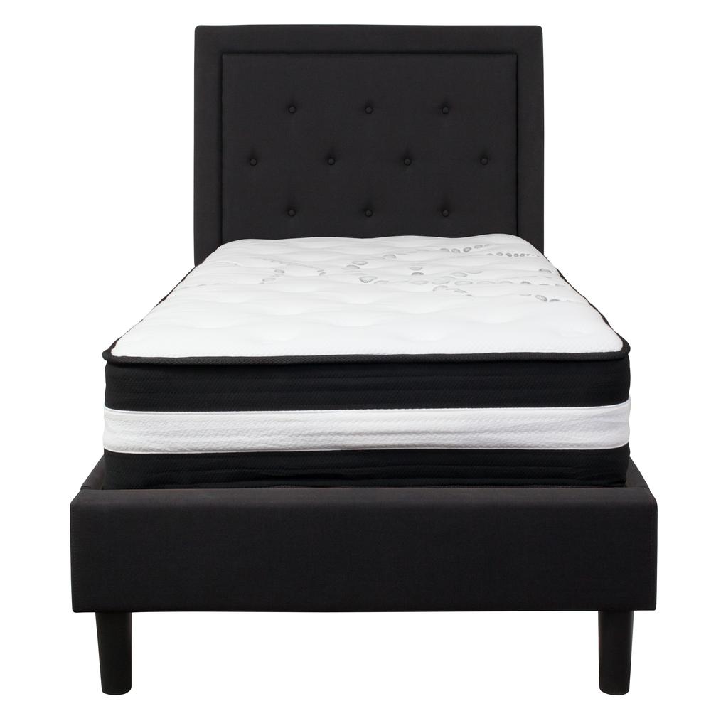 Twin Size Panel Tufted Upholstered Platform Bed in Black Fabric with Pocket Spring Mattress. Picture 3