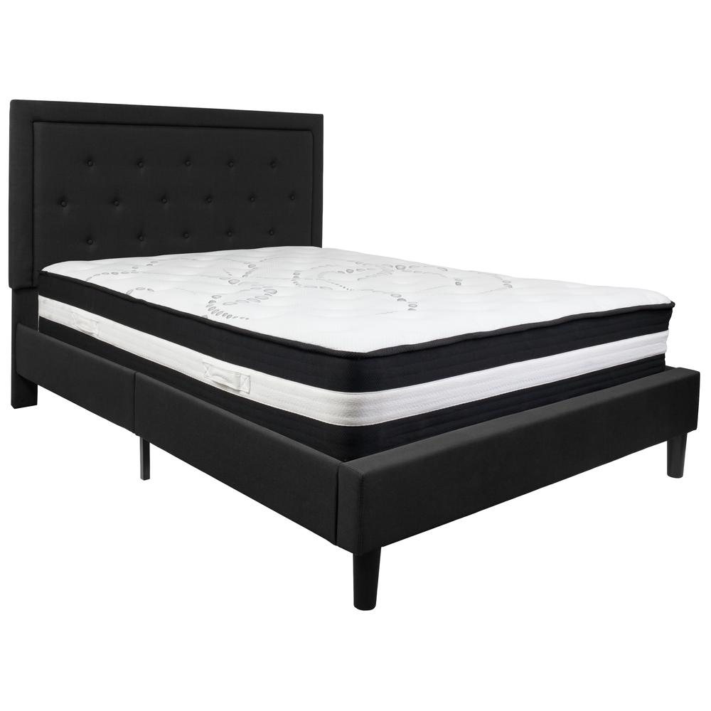 Queen Size Panel Tufted Upholstered Platform Bed in Black Fabric with Pocket Spring Mattress. Picture 1