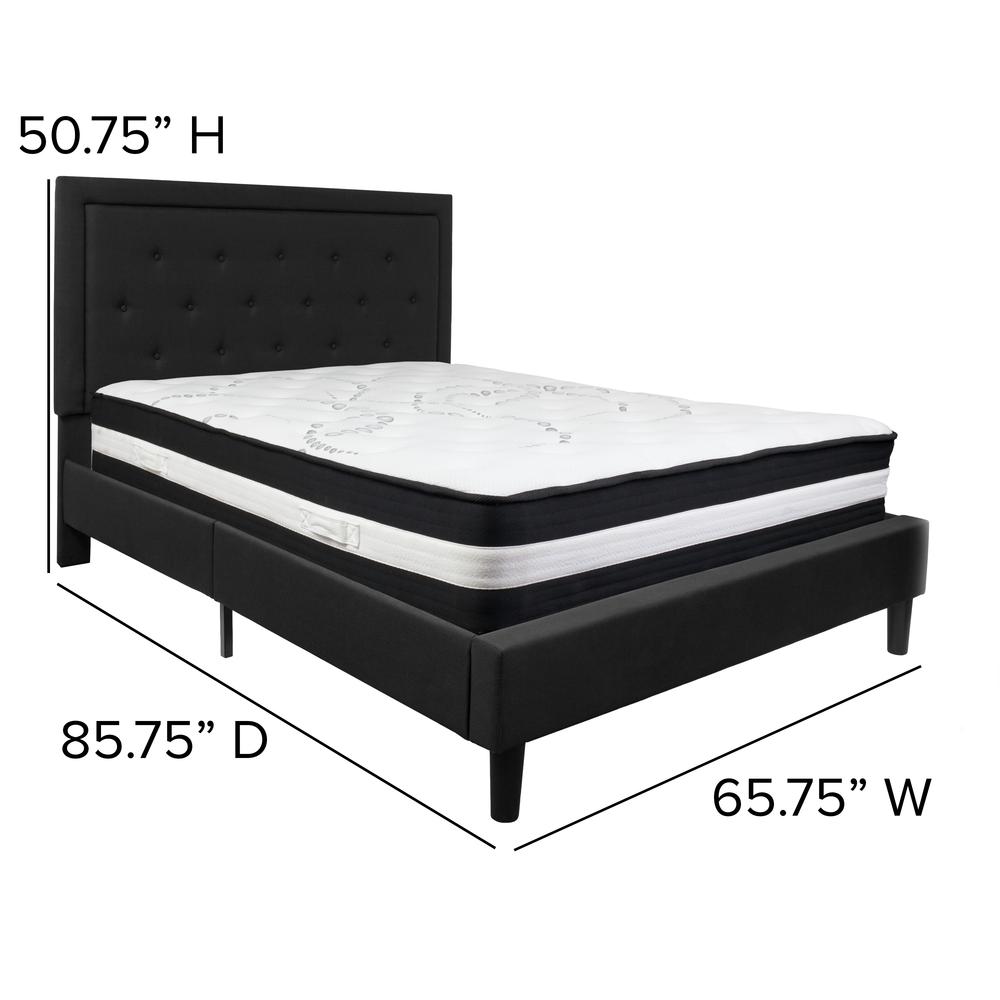 Queen Size Panel Tufted Upholstered Platform Bed in Black Fabric with Pocket Spring Mattress. Picture 2
