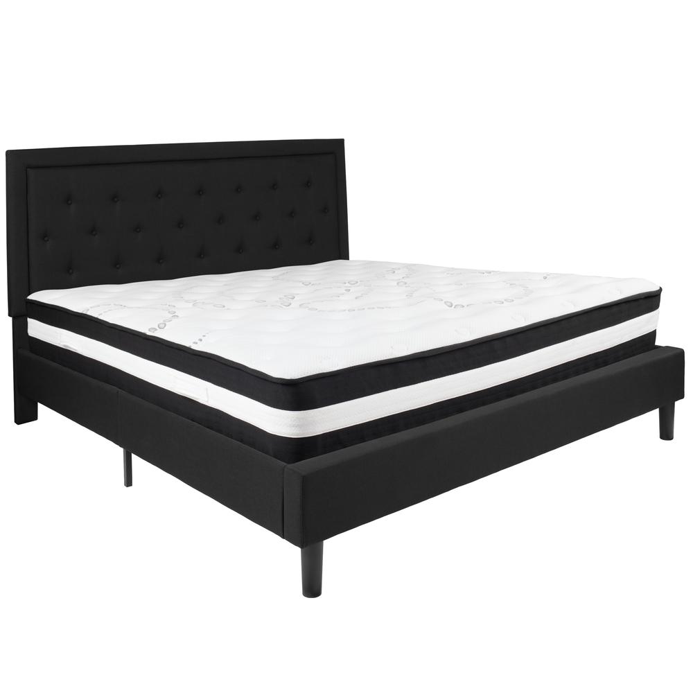 King Size Panel Tufted Upholstered Platform Bed in Black Fabric with Pocket Spring Mattress. Picture 1
