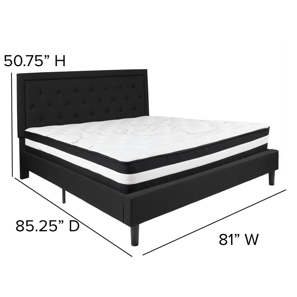 King Size Panel Tufted Upholstered Platform Bed in Black Fabric with Pocket Spring Mattress. Picture 2