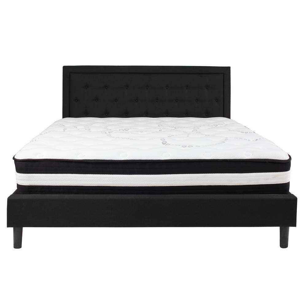 King Size Panel Tufted Upholstered Platform Bed in Black Fabric with Pocket Spring Mattress. Picture 3