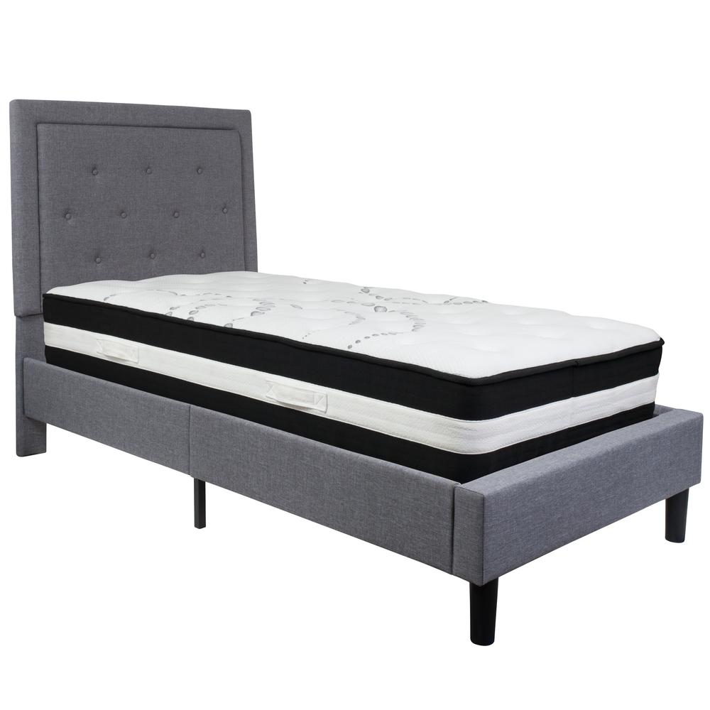 Twin Size Panel Tufted Upholstered Platform Bed in Light Gray Fabric with Pocket Spring Mattress. Picture 1