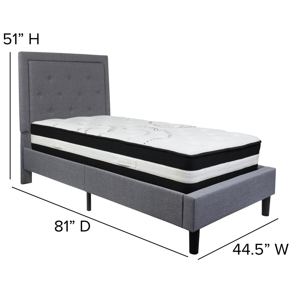 Twin Size Panel Tufted Upholstered Platform Bed in Light Gray Fabric with Pocket Spring Mattress. Picture 2