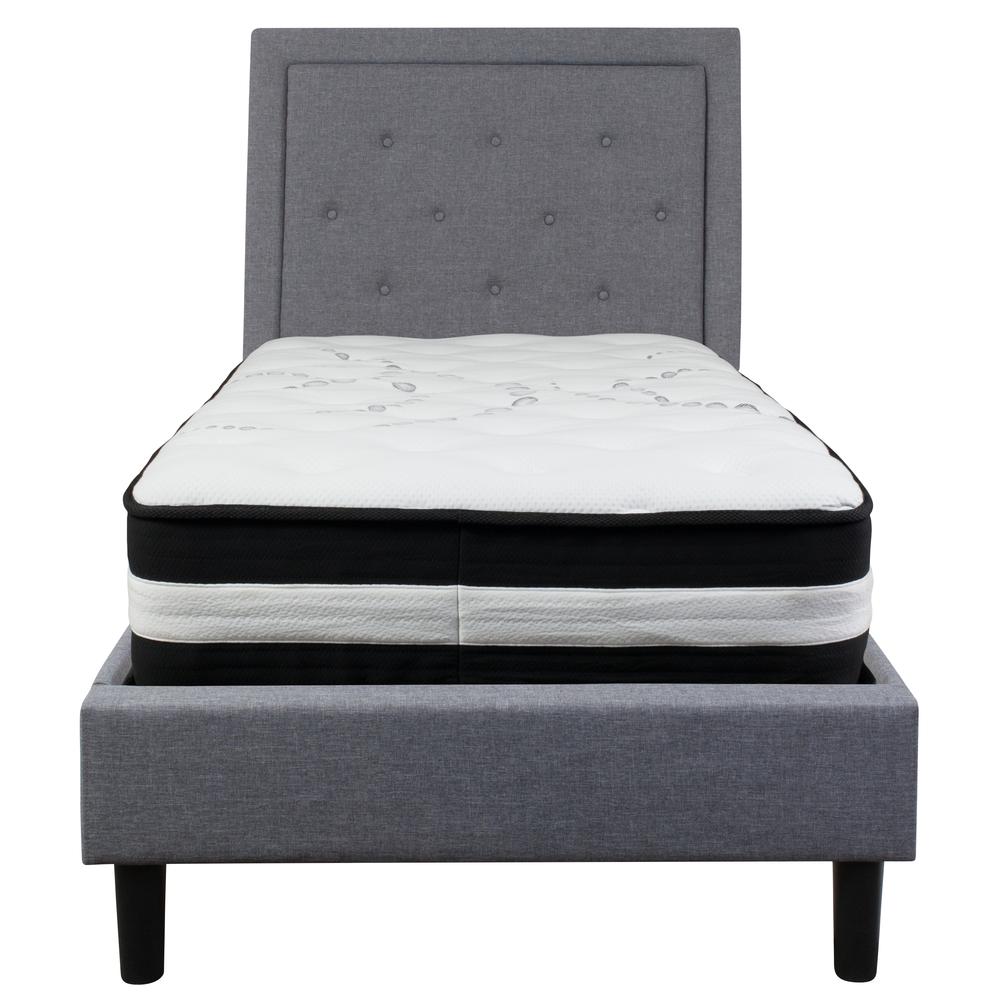 Twin Size Panel Tufted Upholstered Platform Bed in Light Gray Fabric with Pocket Spring Mattress. Picture 3