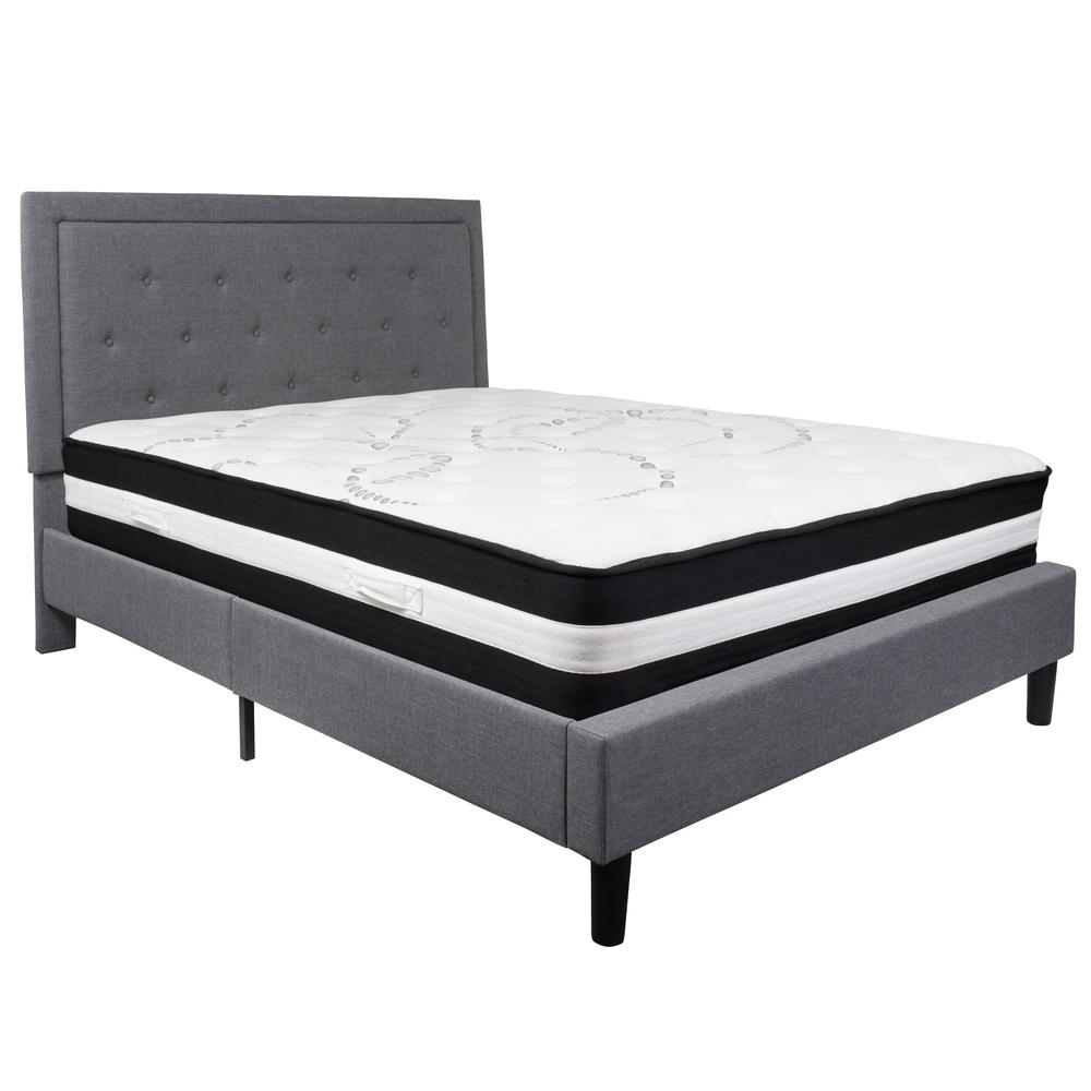 Queen Size Panel Tufted Upholstered Platform Bed in Light Gray Fabric with Pocket Spring Mattress. Picture 1