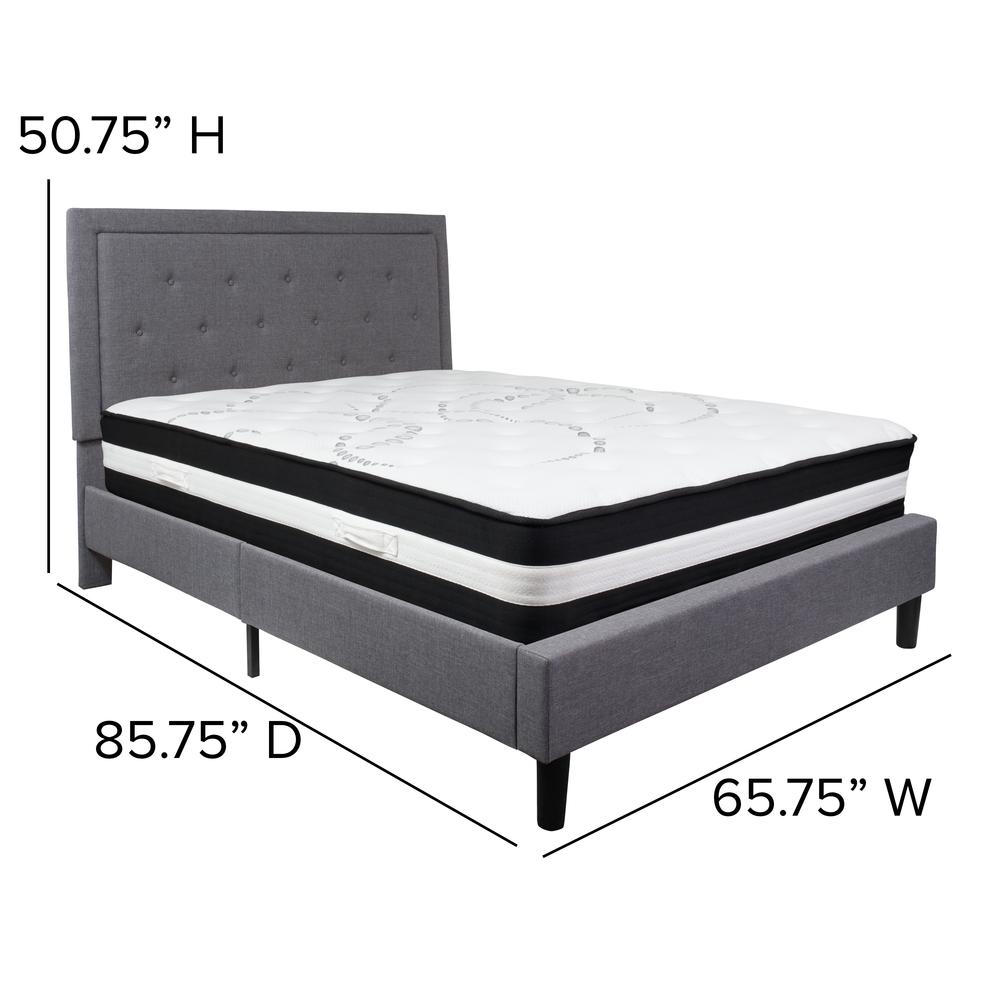 Queen Size Panel Tufted Upholstered Platform Bed in Light Gray Fabric with Pocket Spring Mattress. Picture 2