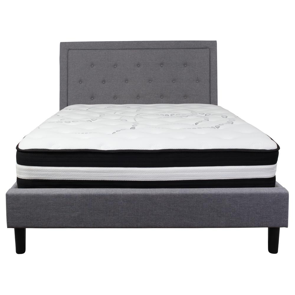 Queen Size Panel Tufted Upholstered Platform Bed in Light Gray Fabric with Pocket Spring Mattress. Picture 3