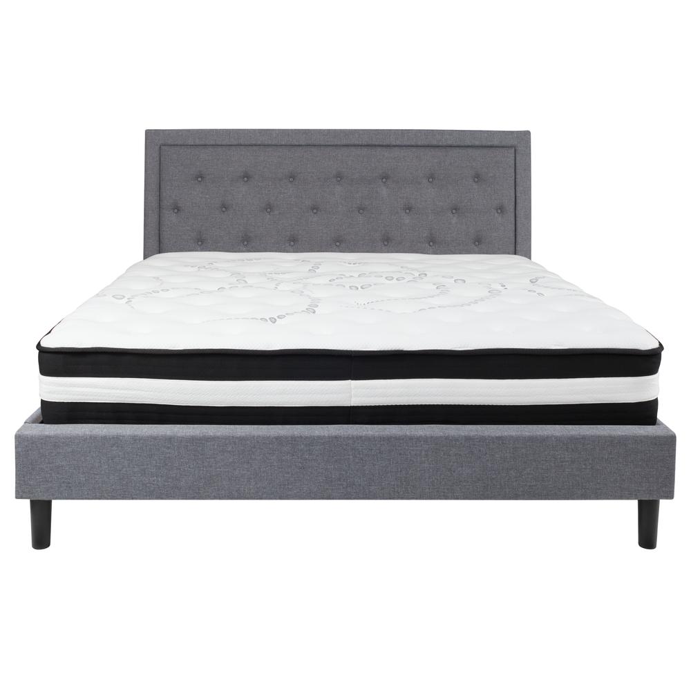King Size Panel Tufted Upholstered Platform Bed in Light Gray Fabric with Pocket Spring Mattress. Picture 3