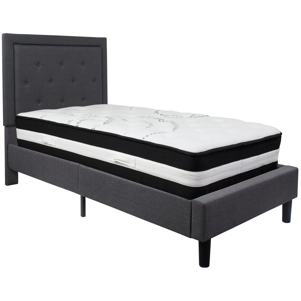 Twin Size Panel Tufted Upholstered Platform Bed in Dark Gray Fabric with Pocket Spring Mattress. Picture 1