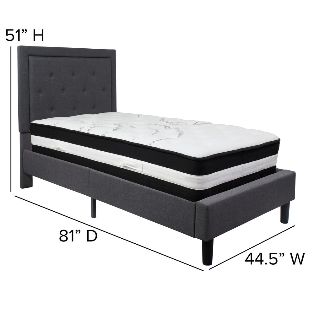 Twin Size Panel Tufted Upholstered Platform Bed in Dark Gray Fabric with Pocket Spring Mattress. Picture 2