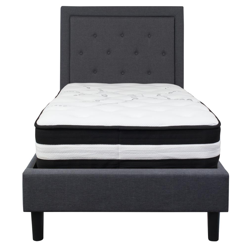 Twin Size Panel Tufted Upholstered Platform Bed in Dark Gray Fabric with Pocket Spring Mattress. Picture 3