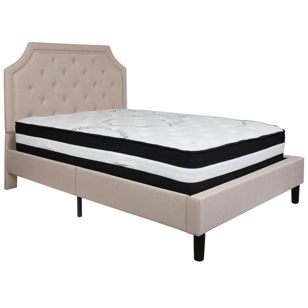 Full Size Arched Tufted Upholstered Platform Bed in Beige Fabric with Pocket Spring Mattress. Picture 1
