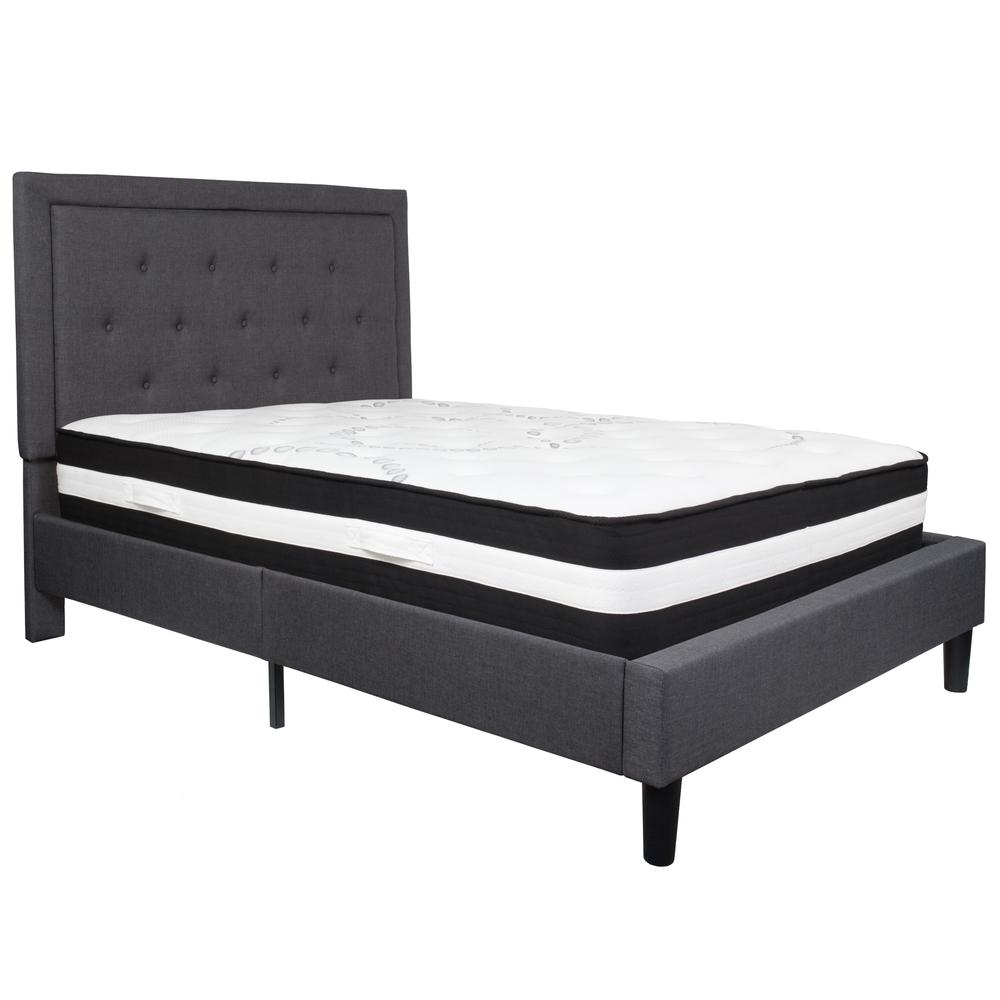 Full Size Panel Tufted Upholstered Platform Bed in Dark Gray Fabric with Pocket Spring Mattress. Picture 1