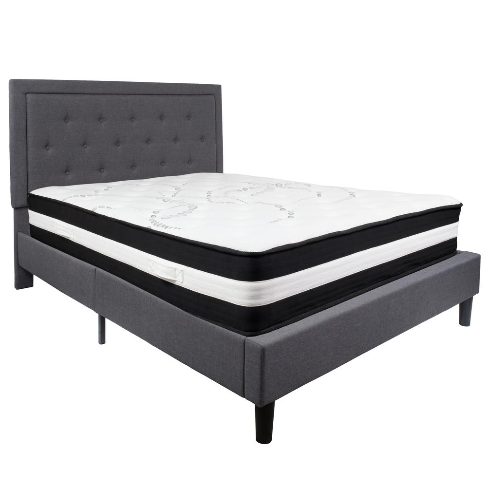 Queen Size Panel Tufted Upholstered Platform Bed in Dark Gray Fabric with Pocket Spring Mattress. Picture 1