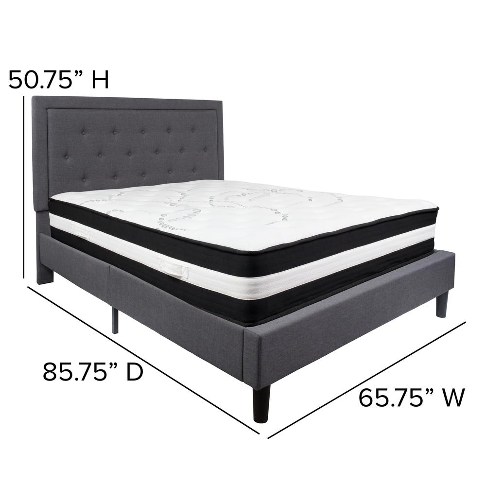 Queen Size Panel Tufted Upholstered Platform Bed in Dark Gray Fabric with Pocket Spring Mattress. Picture 2