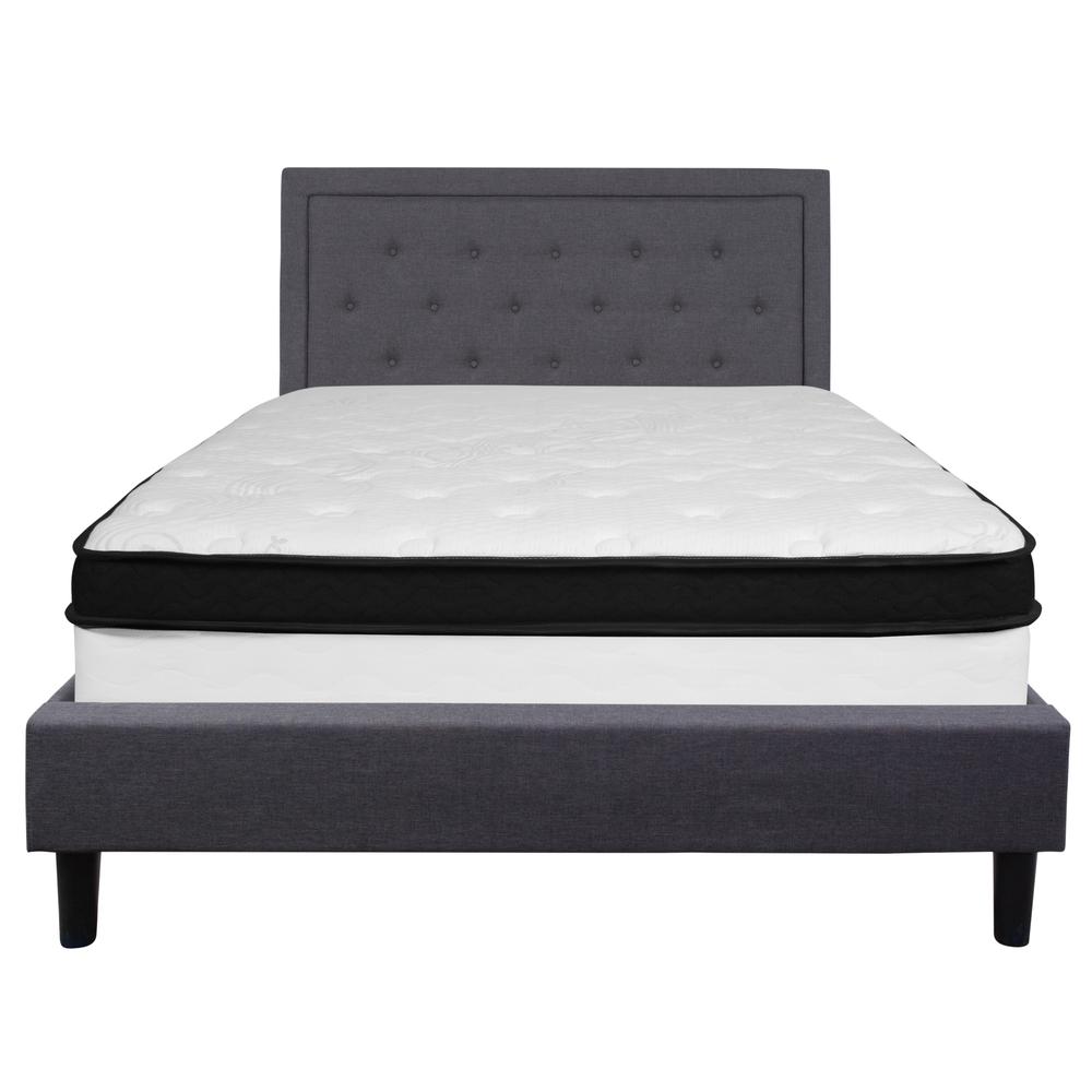 Queen Size Panel Tufted Upholstered Platform Bed in Dark Gray Fabric with Pocket Spring Mattress. Picture 3