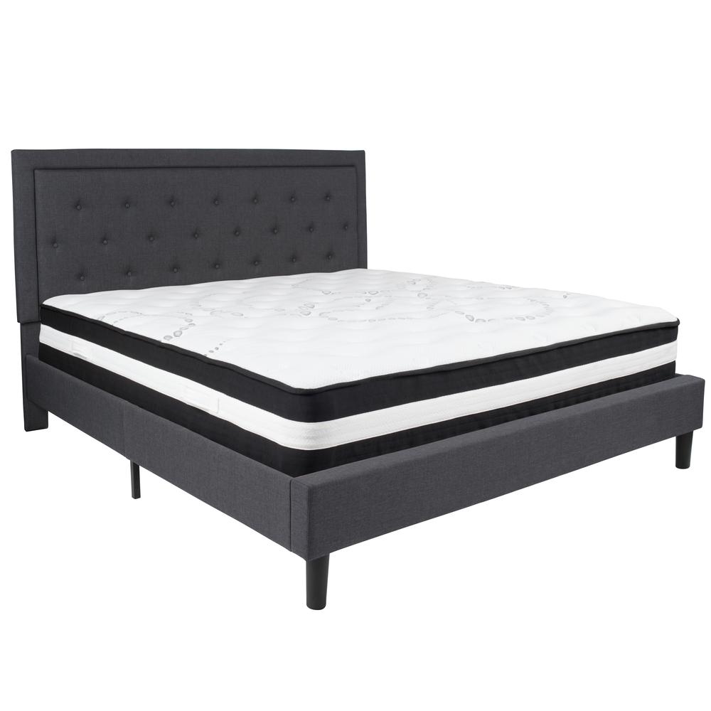 King Size Panel Tufted Upholstered Platform Bed in Dark Gray Fabric with Pocket Spring Mattress. Picture 1