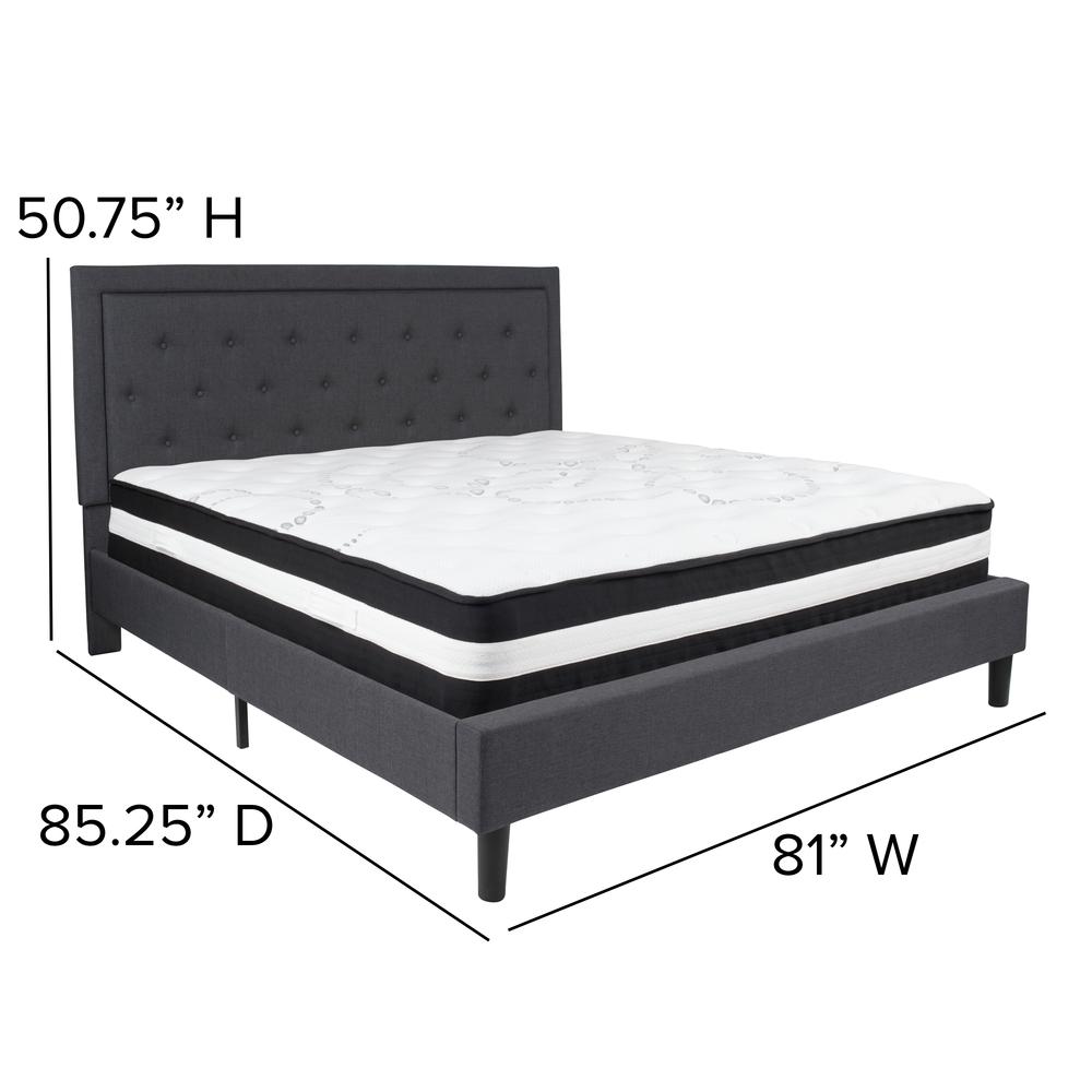King Size Panel Tufted Upholstered Platform Bed in Dark Gray Fabric with Pocket Spring Mattress. Picture 2