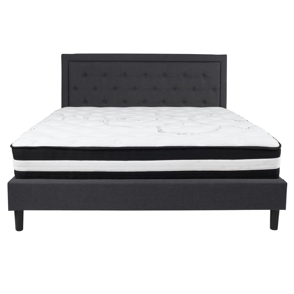 King Size Panel Tufted Upholstered Platform Bed in Dark Gray Fabric with Pocket Spring Mattress. Picture 3