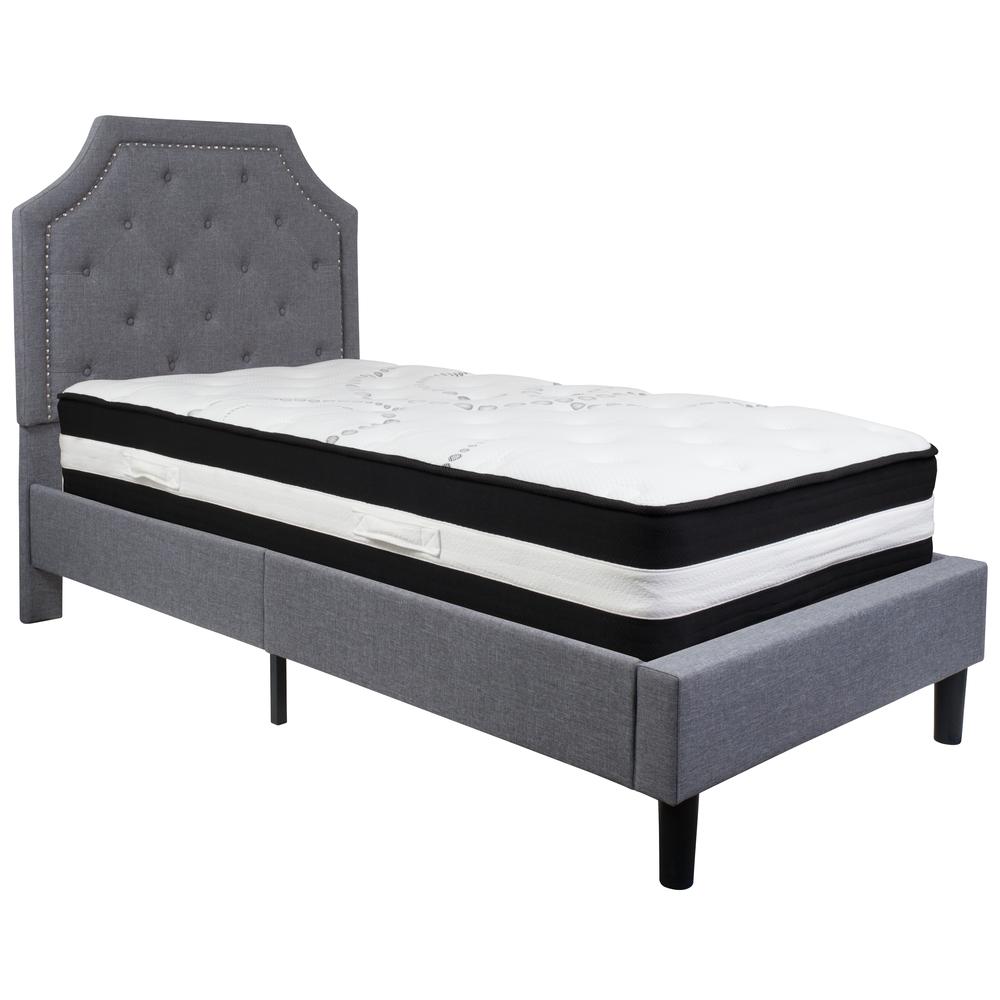 Twin Size Arched Tufted Upholstered Platform Bed in Light Gray Fabric with Pocket Spring Mattress. Picture 1