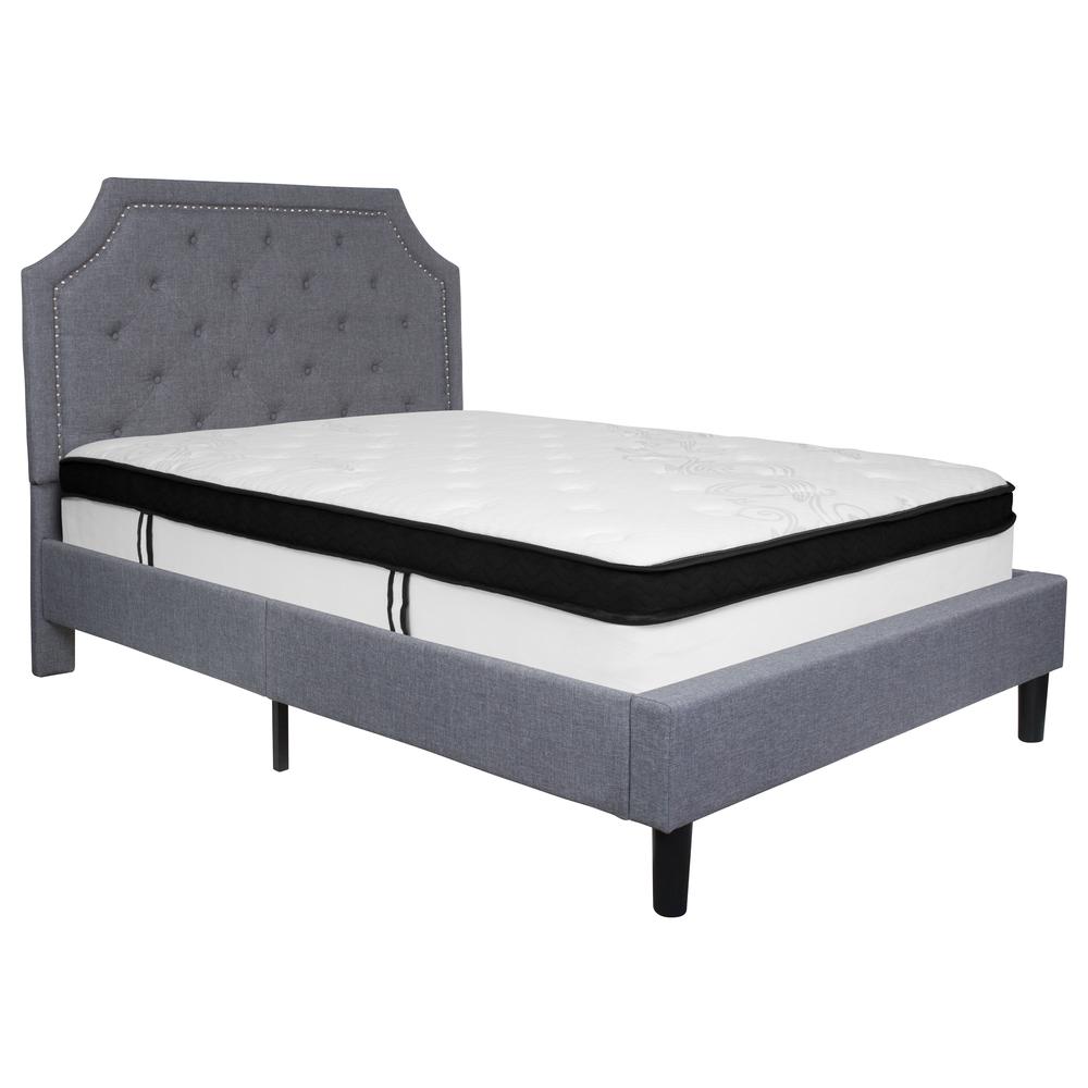 Full Size Arched Tufted Upholstered Platform Bed in Light Gray Fabric with Memory Foam Mattress. Picture 1