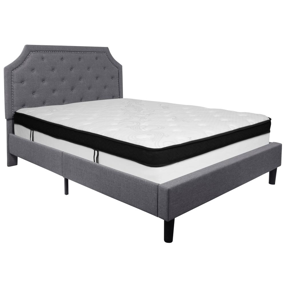 Queen Size Arched Tufted Upholstered Platform Bed in Light Gray Fabric with Memory Foam Mattress. Picture 1