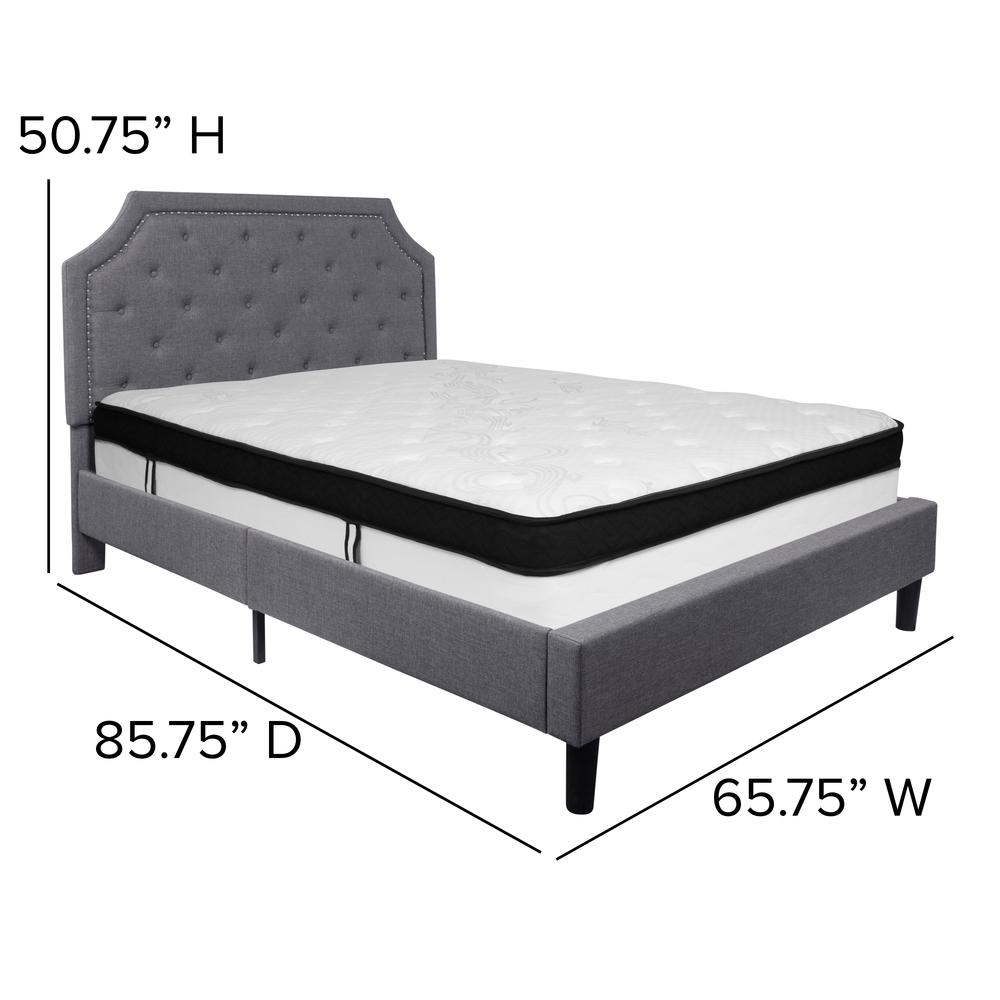 Queen Size Arched Tufted Upholstered Platform Bed in Light Gray Fabric with Memory Foam Mattress. Picture 2