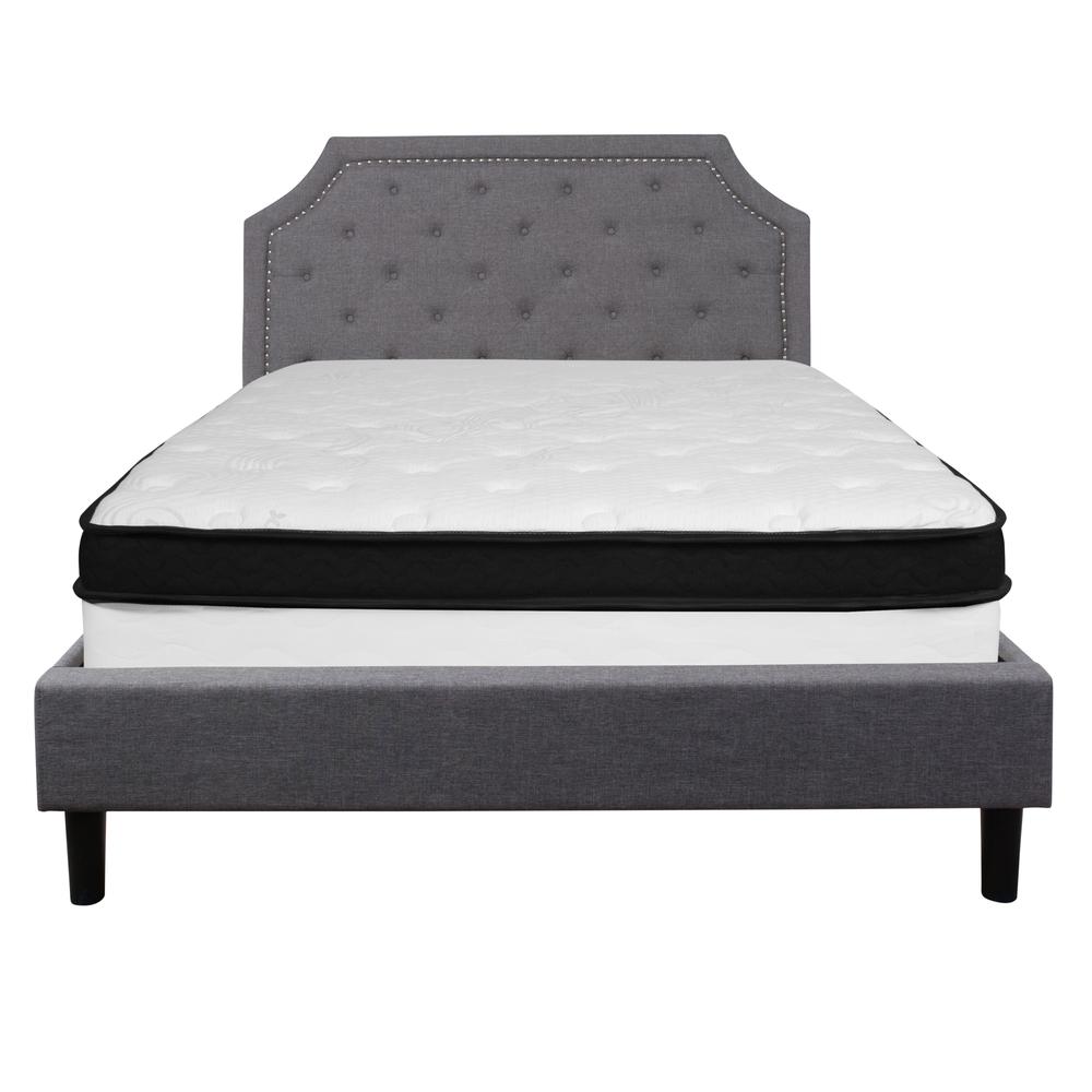Queen Size Arched Tufted Upholstered Platform Bed in Light Gray Fabric with Memory Foam Mattress. Picture 3