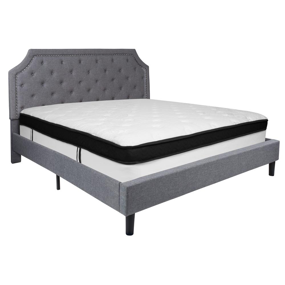 King Size Arched Tufted Upholstered Platform Bed in Light Gray Fabric with Memory Foam Mattress. Picture 1