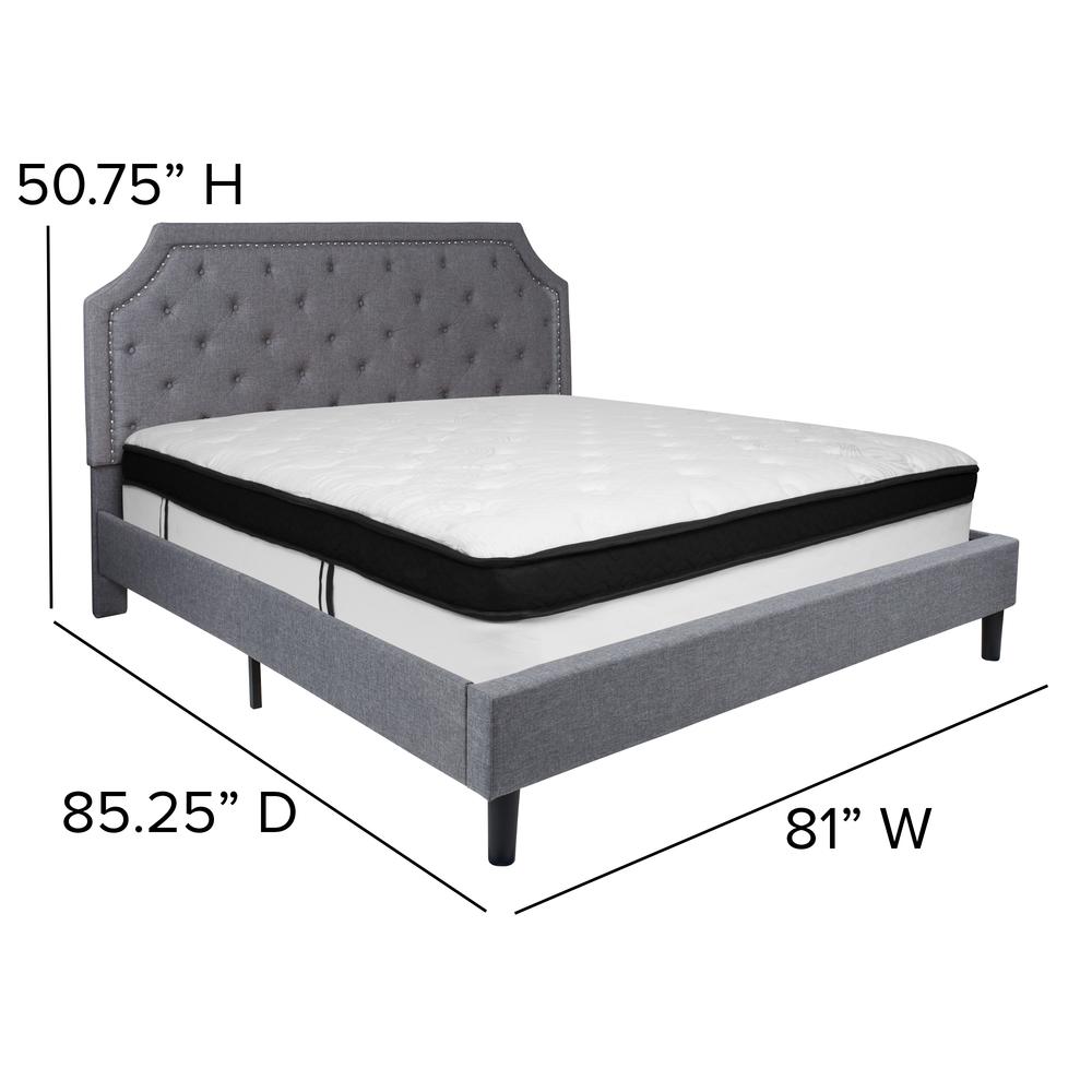 King Size Arched Tufted Upholstered Platform Bed in Light Gray Fabric with Memory Foam Mattress. Picture 2