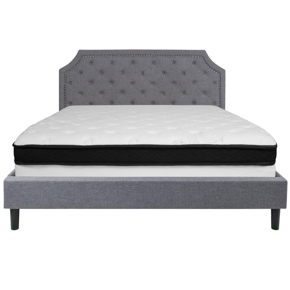 King Size Arched Tufted Upholstered Platform Bed in Light Gray Fabric with Memory Foam Mattress. Picture 3
